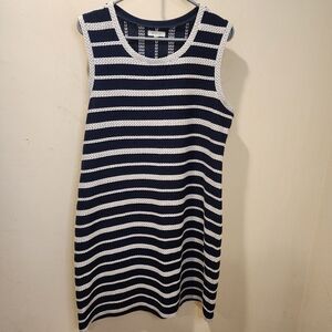Max Studio Navy and White Striped Sleeveless Cotton Dress Size L